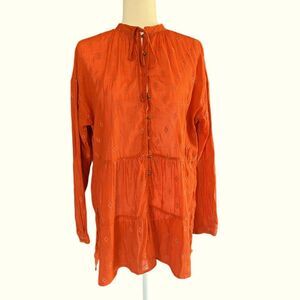 Anthropologie x Pilcro Tiered Tunic Blouse Orange Embroidered Womens Medium
